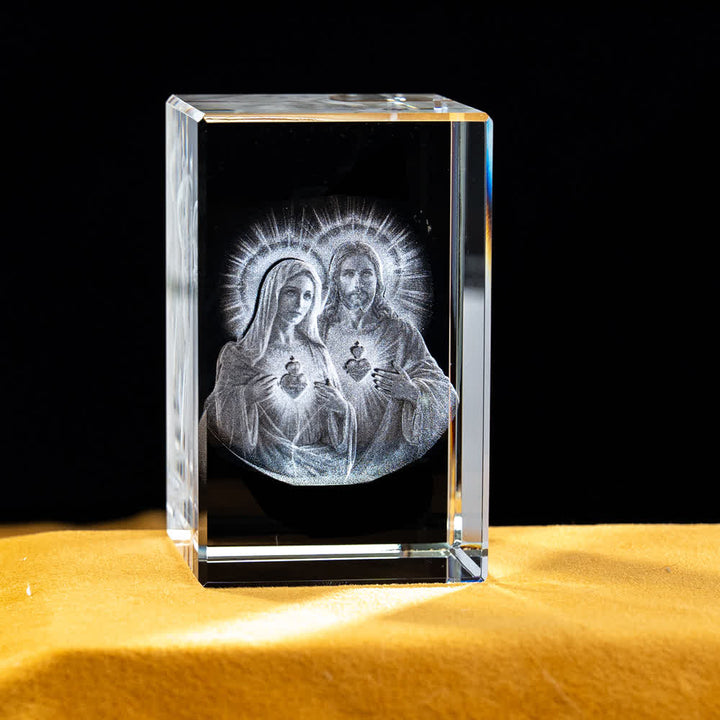 Christianartworkshop Statuetta sacra in cristallo incisa con design multipli, ideale per esposizione su scrivania e decorazione devozionale della casa. - Sacro Cuore e Cuore Immacolato - 5x5x8cm - image 3