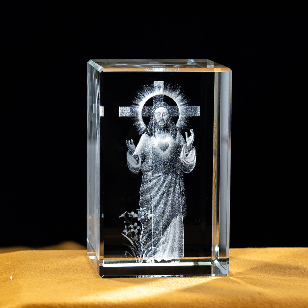 Christianartworkshop Statuetta sacra in cristallo incisa con design multipli, ideale per esposizione su scrivania e decorazione devozionale della casa. - Sacro Cuore di Gesù Croce - 5x5x8cm - image 2