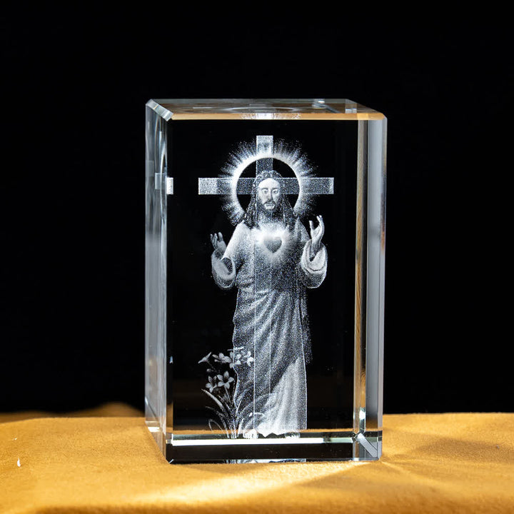 Christianartworkshop Statuetta sacra in cristallo incisa con design multipli, ideale per esposizione su scrivania e decorazione devozionale della casa. - Sacro Cuore di Gesù Croce - 5x5x8cm - image 2