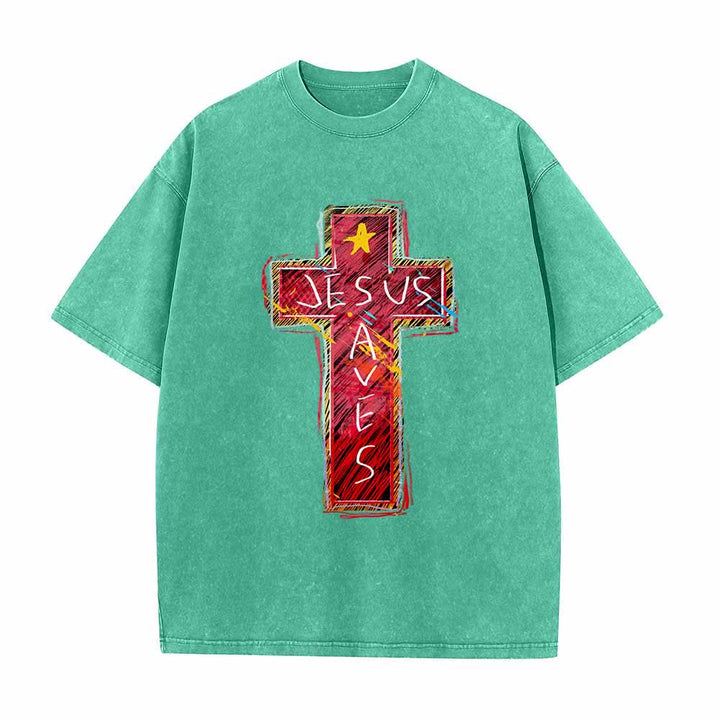 Christianartworkshop T-shirt oversize lavata con croce rossa brillante, scritta "Jesus Saves" e stella decorativa. - Verde - 5XL - image 3