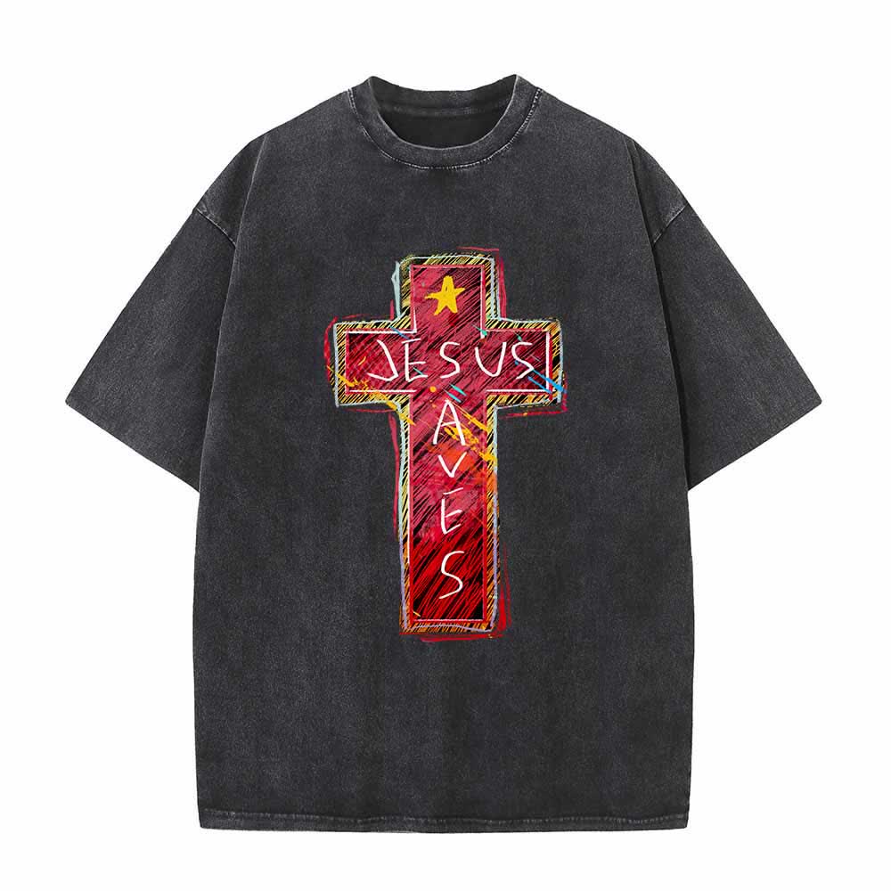 Christianartworkshop T-shirt oversize lavata con croce rossa brillante, scritta "Jesus Saves" e stella decorativa. - Nero - 5XL - image 4