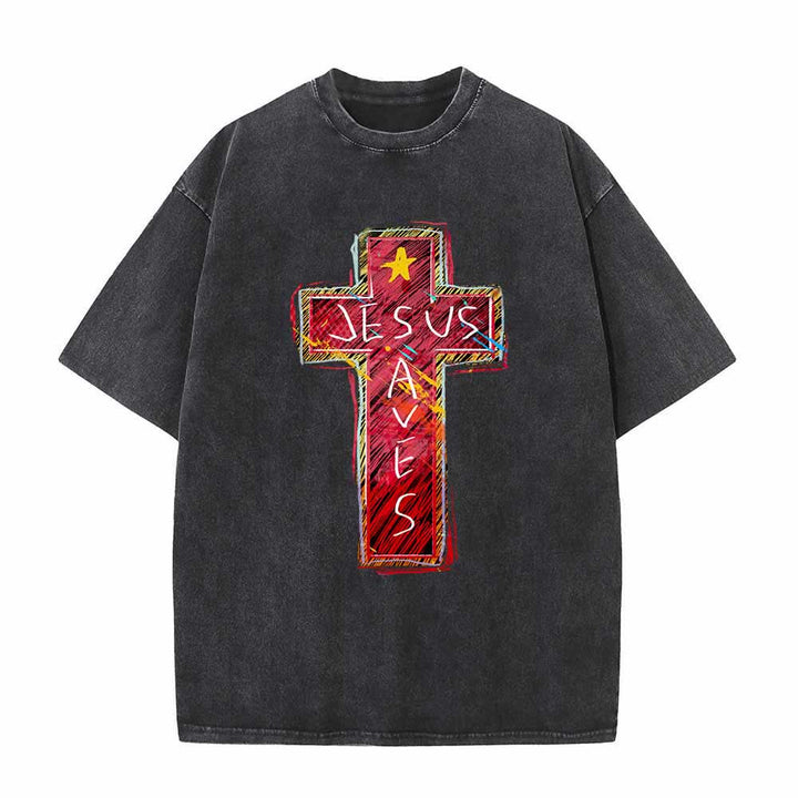 Christianartworkshop T-shirt oversize lavata con croce rossa brillante, scritta "Jesus Saves" e stella decorativa. - Nero - 5XL - image 4