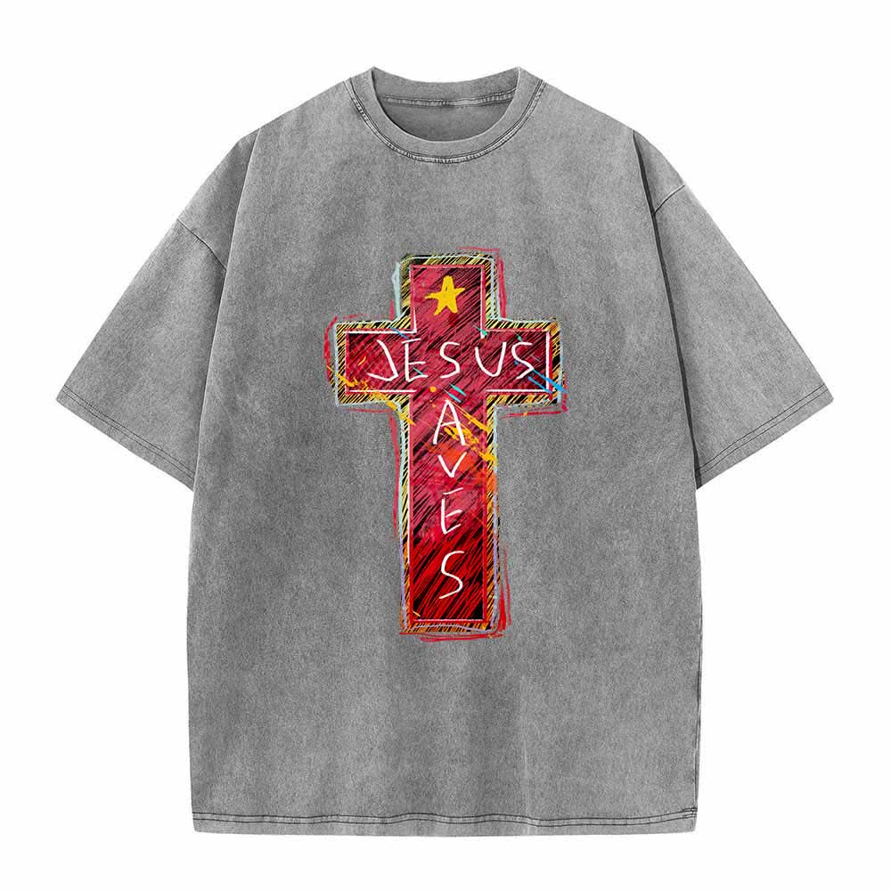 Christianartworkshop T-shirt oversize lavata con croce rossa brillante, scritta "Jesus Saves" e stella decorativa. - Grigio - 5XL - image 2