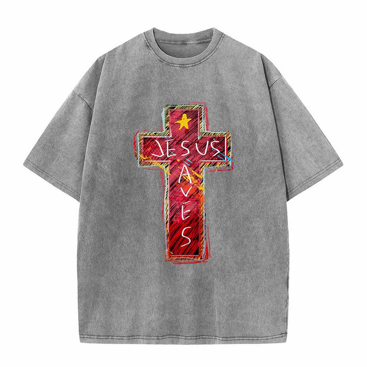 Christianartworkshop T-shirt oversize lavata con croce rossa brillante, scritta "Jesus Saves" e stella decorativa. - Grigio - 5XL - image 2