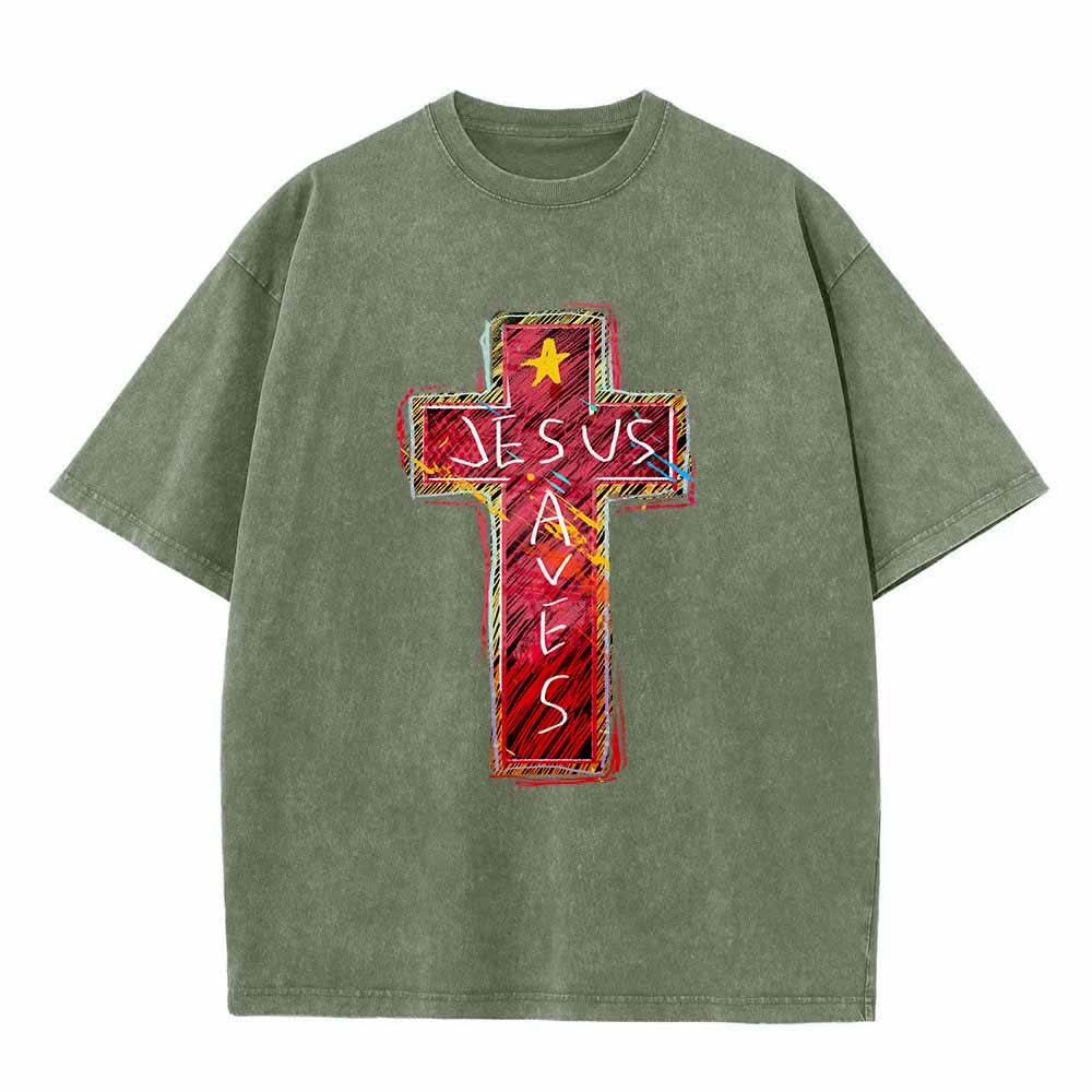 Christianartworkshop T-shirt oversize lavata con croce rossa brillante, scritta "Jesus Saves" e stella decorativa. - Verde militare - 5XL - image 8