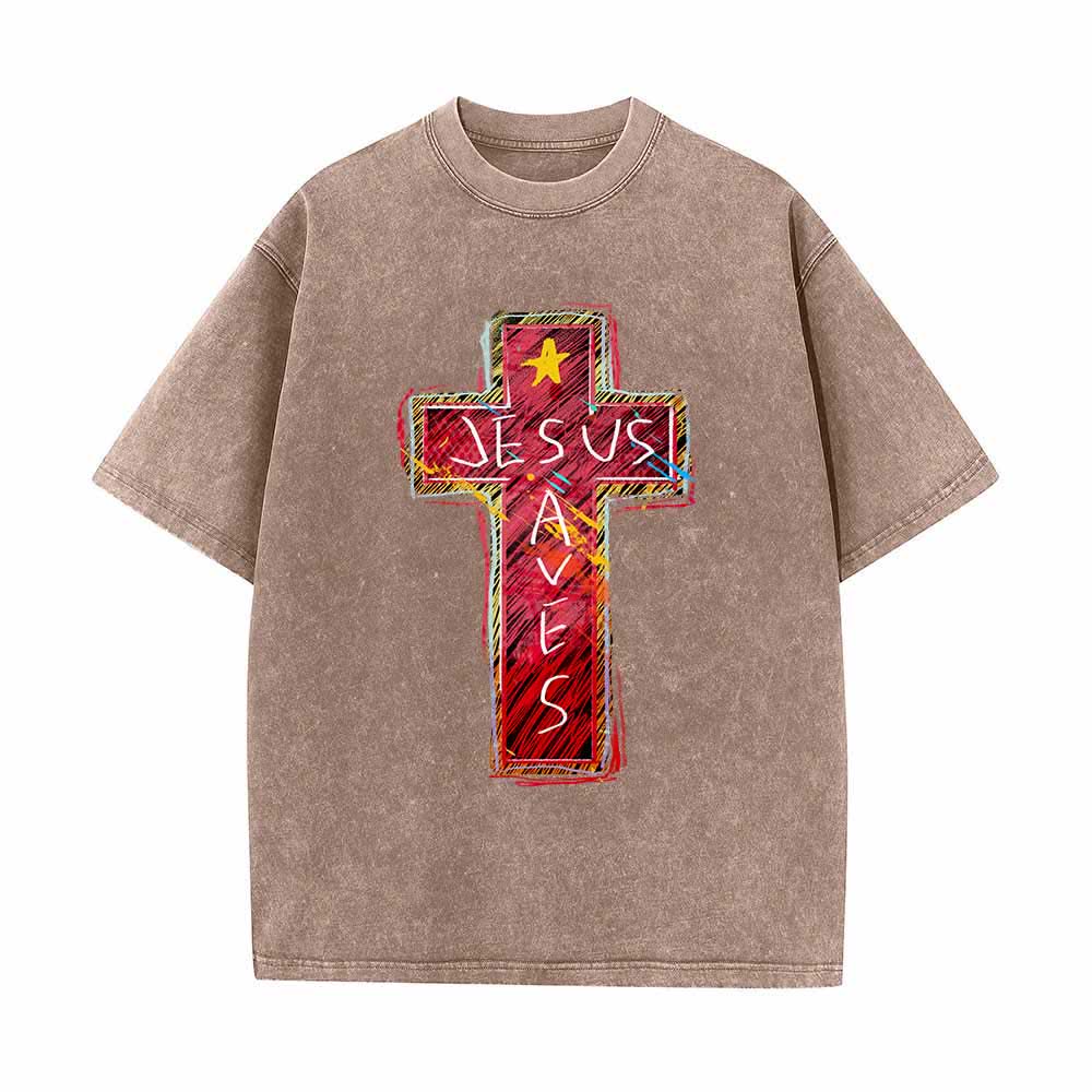 Christianartworkshop T-shirt oversize lavata con croce rossa brillante, scritta "Jesus Saves" e stella decorativa. - Marrone - 5XL - image 1