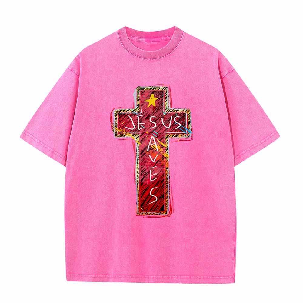 Christianartworkshop T-shirt oversize lavata con croce rossa brillante, scritta "Jesus Saves" e stella decorativa. - Rosa - 5XL - image 7