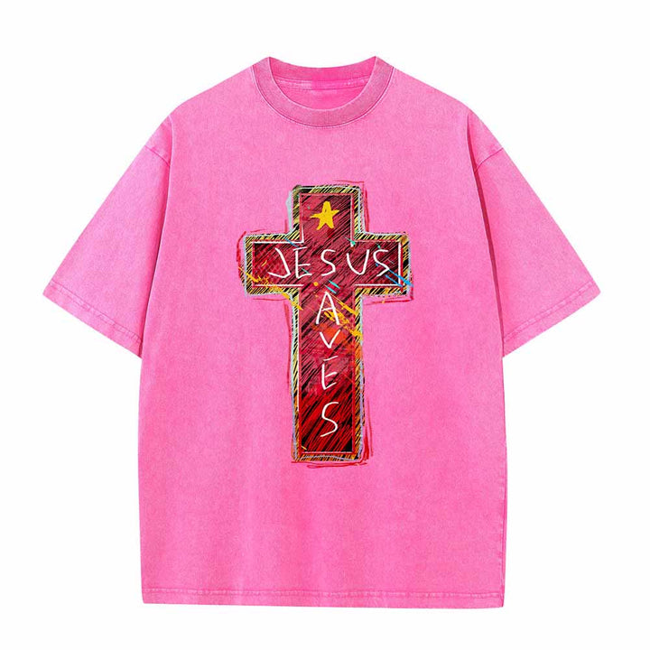 Christianartworkshop T-shirt oversize lavata con croce rossa brillante, scritta "Jesus Saves" e stella decorativa. - Rosa - 5XL - image 7