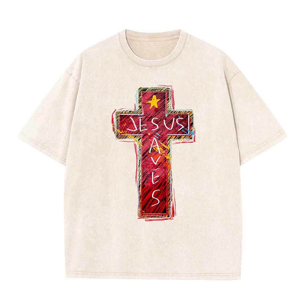 Christianartworkshop T-shirt oversize lavata con croce rossa brillante, scritta "Jesus Saves" e stella decorativa. - Beige - 5XL - image 5
