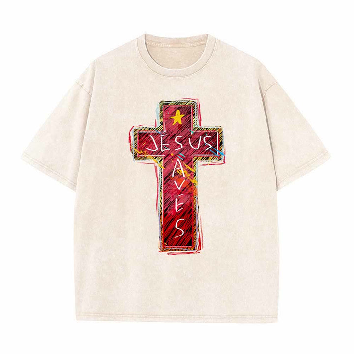 Christianartworkshop T-shirt oversize lavata con croce rossa brillante, scritta "Jesus Saves" e stella decorativa. - Beige - 5XL - image 5