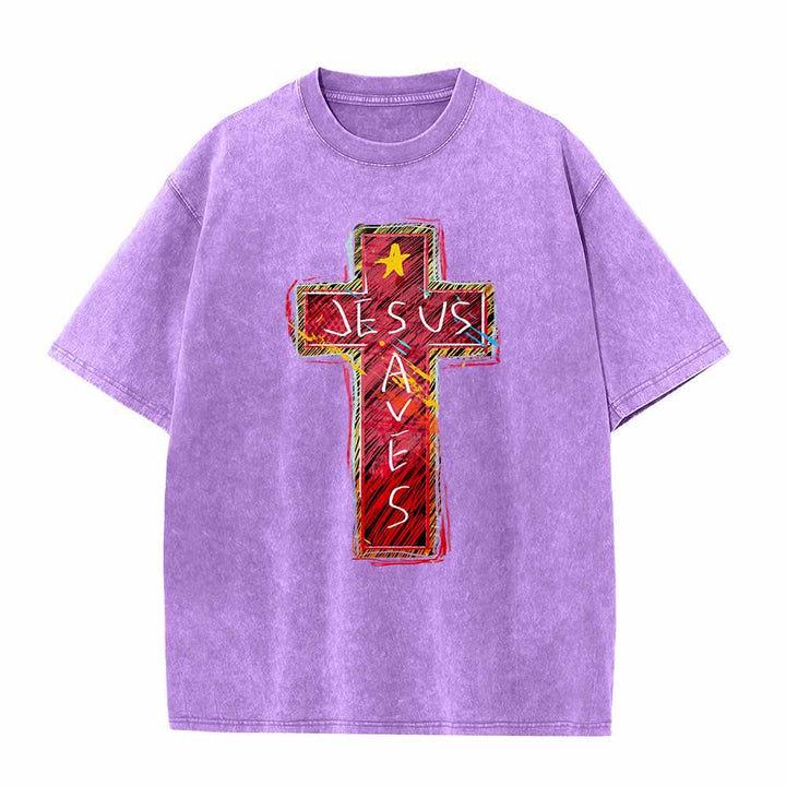 Christianartworkshop T-shirt oversize lavata con croce rossa brillante, scritta "Jesus Saves" e stella decorativa. - Viola - 5XL - image 6