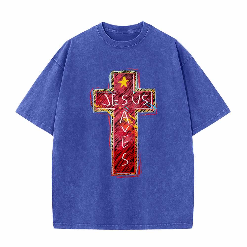 Christianartworkshop T-shirt oversize lavata con croce rossa brillante, scritta "Jesus Saves" e stella decorativa. - Blu - 5XL - image 0