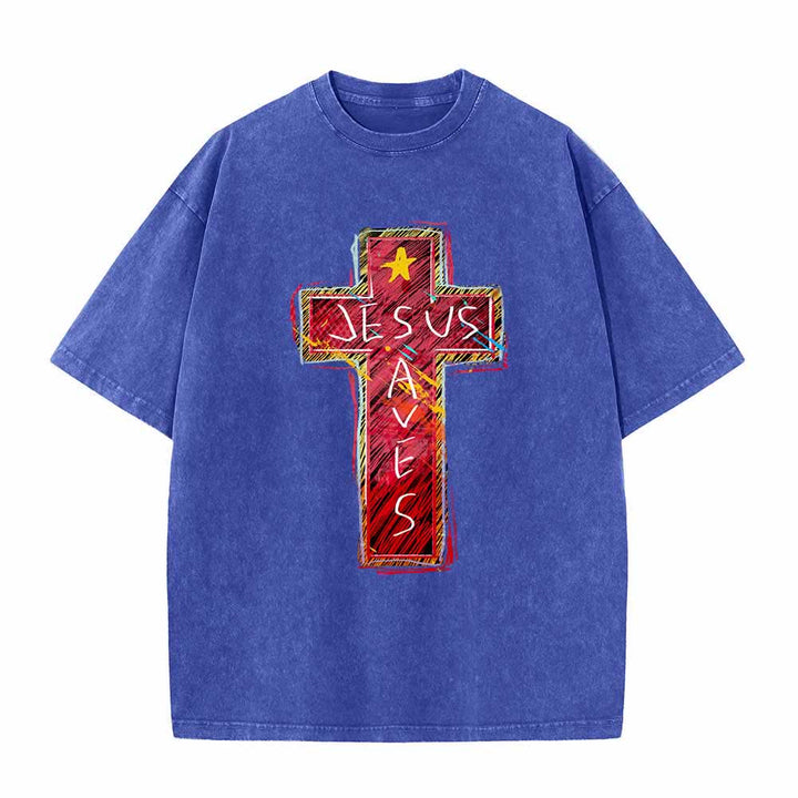 Christianartworkshop T-shirt oversize lavata con croce rossa brillante, scritta "Jesus Saves" e stella decorativa. - Blu - 5XL - image 0