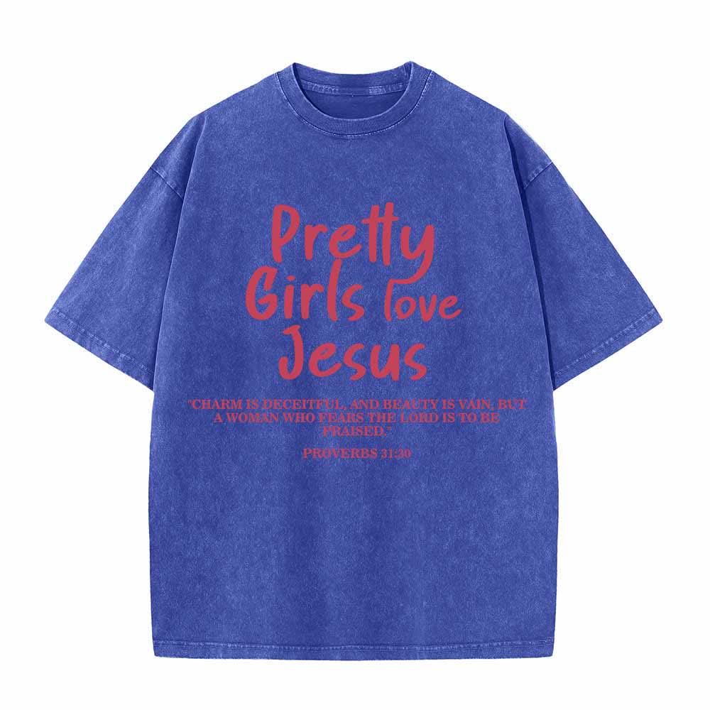 Christianartworkshop Maglietta lavata con stampa frontale a doppio carattere delle Scritture "Pretty Girls Love Jesus" (Proverbi 31:30) - Blu - 5XL - image 1