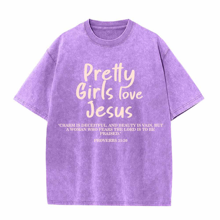 Christianartworkshop Maglietta lavata con stampa frontale a doppio carattere delle Scritture "Pretty Girls Love Jesus" (Proverbi 31:30) - Viola - 5XL - image 7