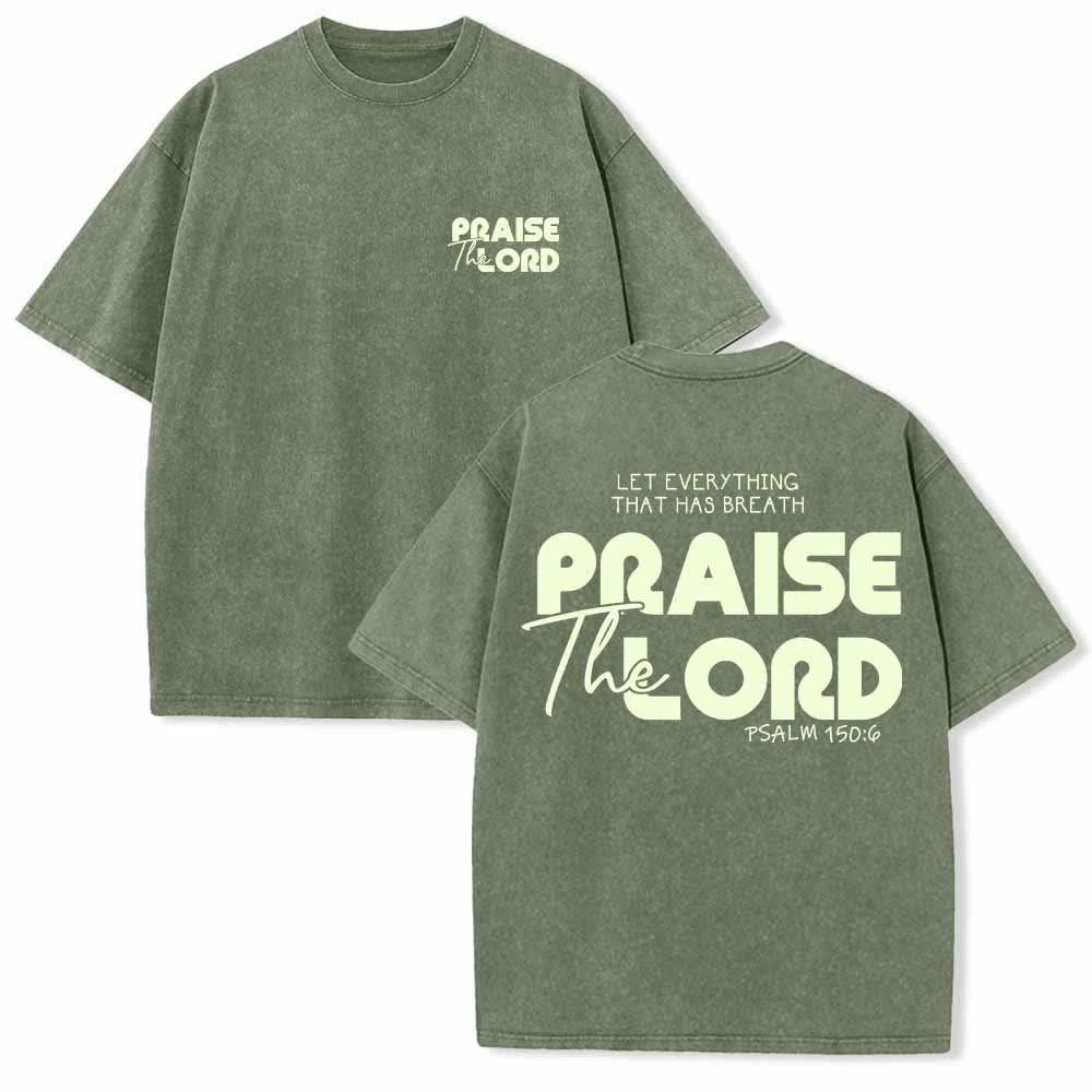 Christianartworkshop Loda il Signore Salmo 150:6 Stampa mini sul davanti e sul petto Testo grande sul retro Maglietta lavata su entrambi i lati - Verde militare - 5XL - image 3