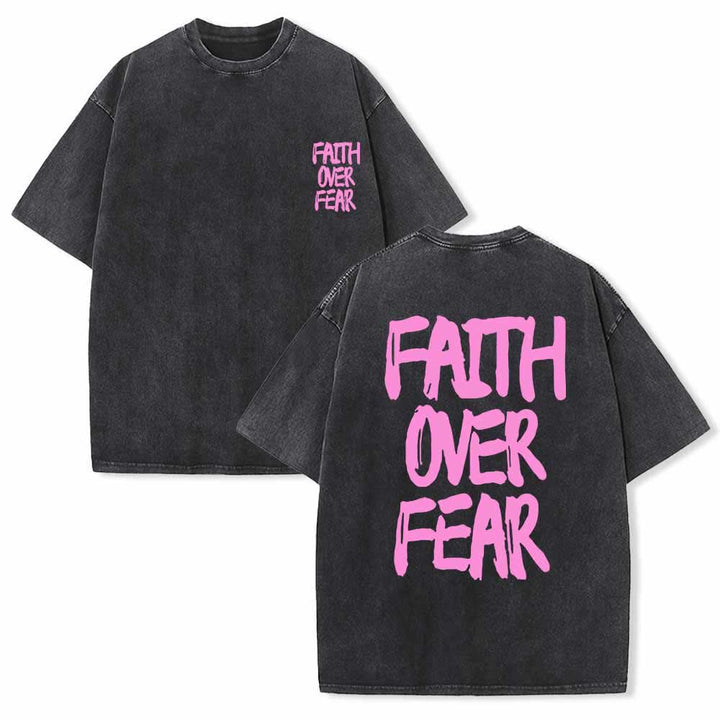 Christianartworkshop Maglietta lavata con stampa frontale mini e testo grande sul retro, con scritta "Faith Over Fear" e pennellate, ideale per la campagna. - Nero - 5XL - image 24