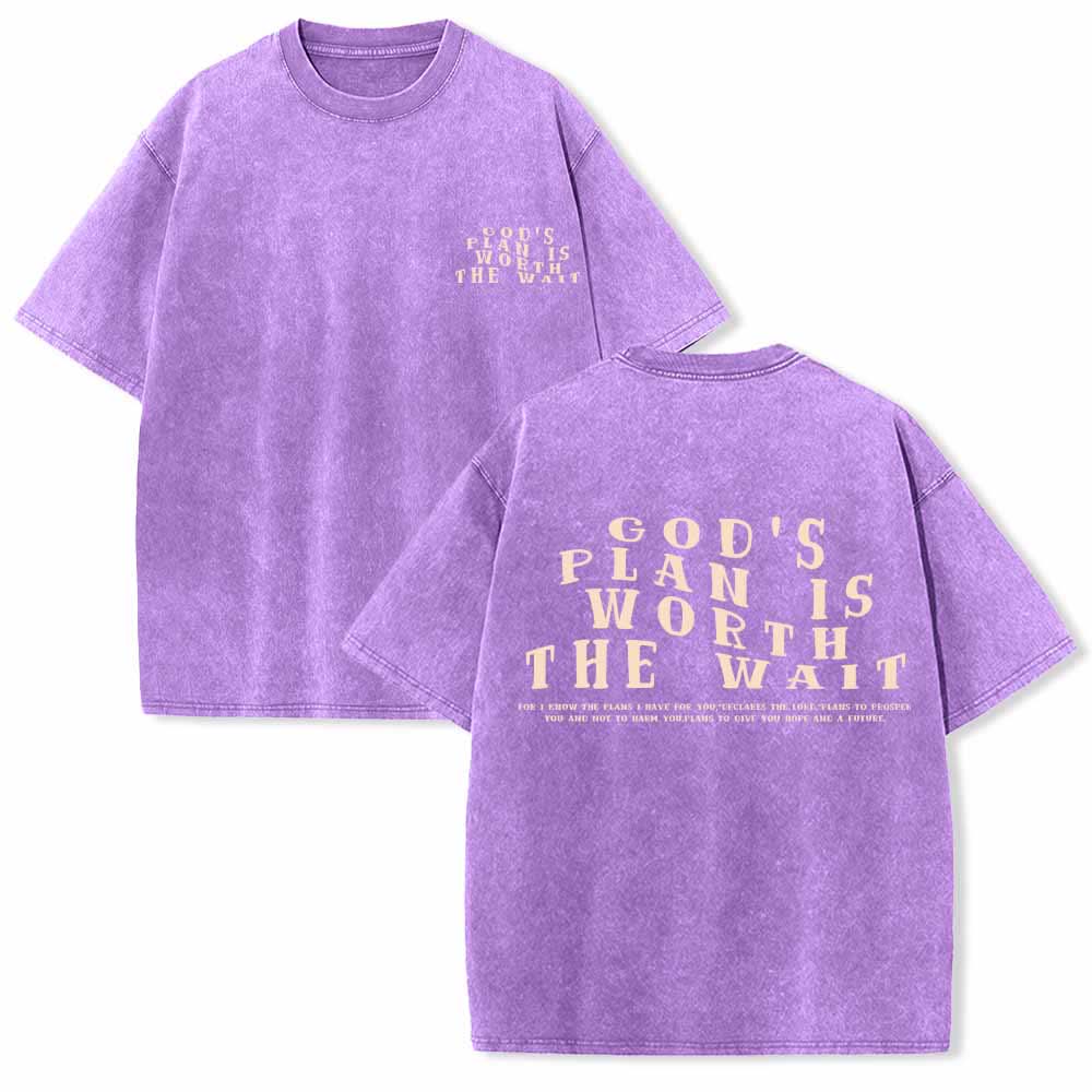 Christianartworkshop Il piano di Dio vale l'attesa. Maglietta lavata con stampa mini stack sul davanti e arco sul retro con caratteri grandi su entrambi i lati. - Viola - 5XL - image 15