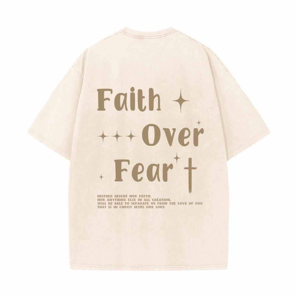 Christianartworkshop T-shirt lavata con scritta "Faith Over Fear" e croce stellata sul davanti, mini stampa sul retro, testo grande su entrambi i lati. - image 16