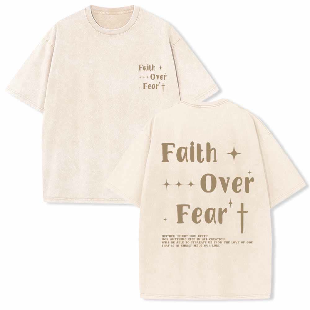 Christianartworkshop T-shirt lavata con scritta "Faith Over Fear" e croce stellata sul davanti, mini stampa sul retro, testo grande su entrambi i lati. - Beige - 5XL - image 15