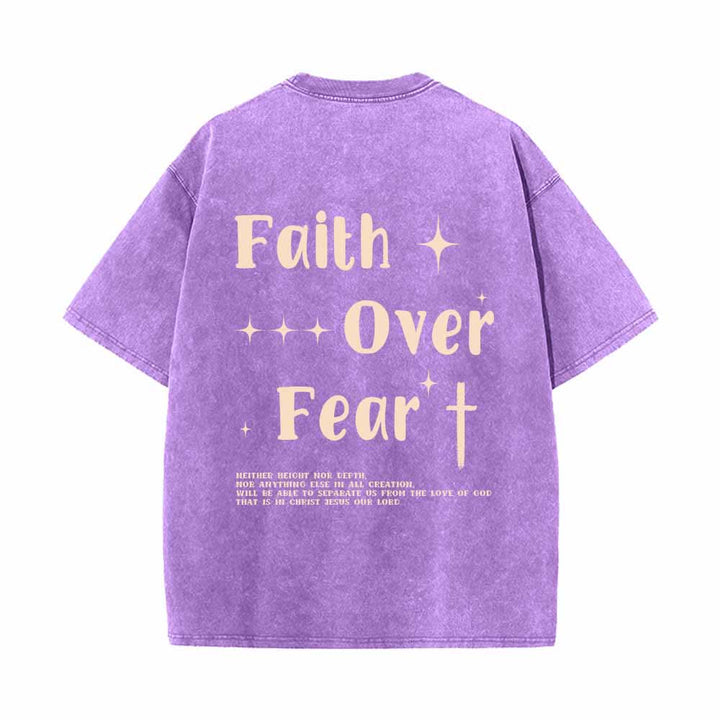 Christianartworkshop T-shirt lavata con scritta "Faith Over Fear" e croce stellata sul davanti, mini stampa sul retro, testo grande su entrambi i lati. - image 19