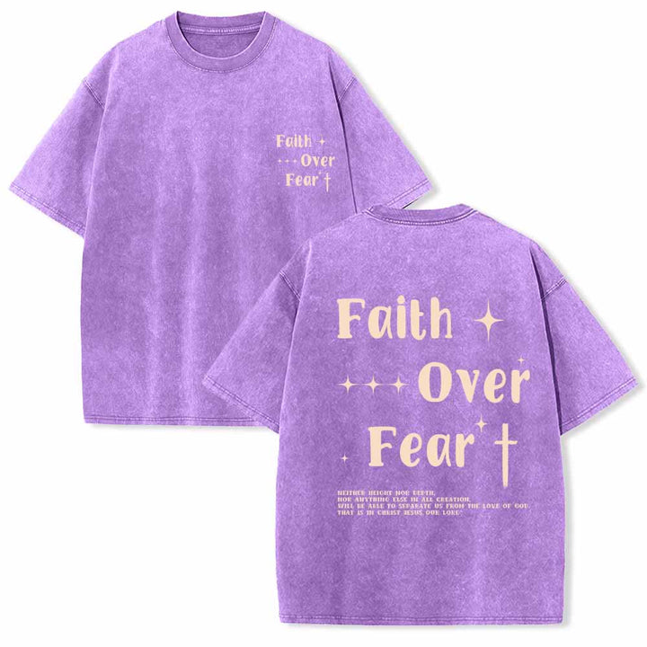 Christianartworkshop T-shirt lavata con scritta "Faith Over Fear" e croce stellata sul davanti, mini stampa sul retro, testo grande su entrambi i lati. - Viola - 5XL - image 18