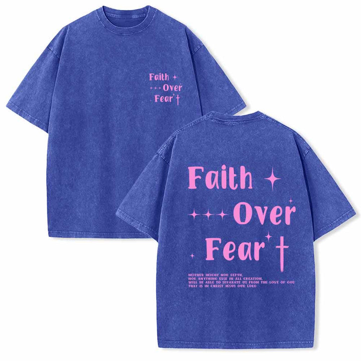 Christianartworkshop T-shirt lavata con scritta "Faith Over Fear" e croce stellata sul davanti, mini stampa sul retro, testo grande su entrambi i lati. - Blu - 5XL - image 0
