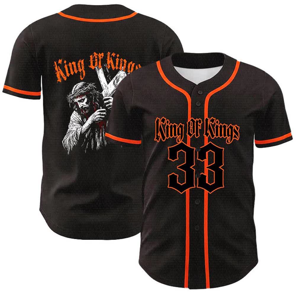 Christianartworkshop Maglia da baseball unisex King Of Kings Number 33 Jesus Portrying Cross - Arancia - 5XL - image 9