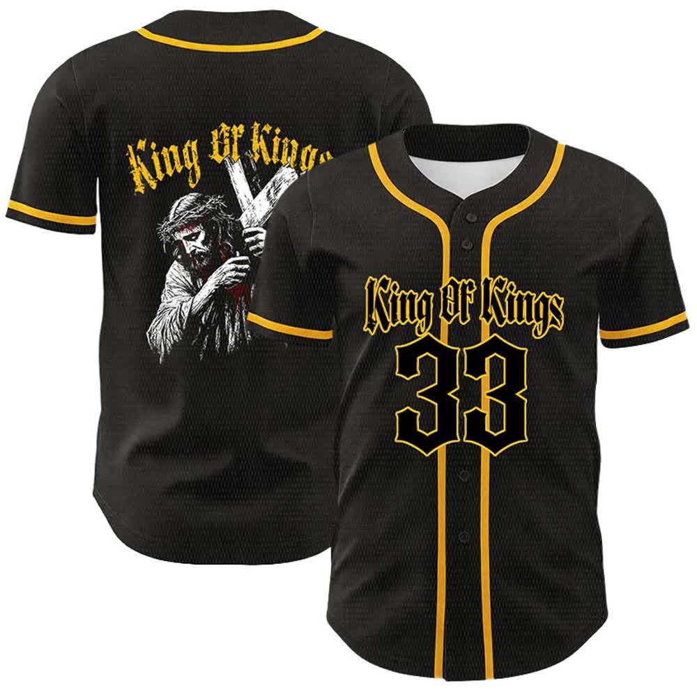 Christianartworkshop Maglia da baseball unisex King Of Kings Number 33 Jesus Portrying Cross - Giallo - 5XL - image 0