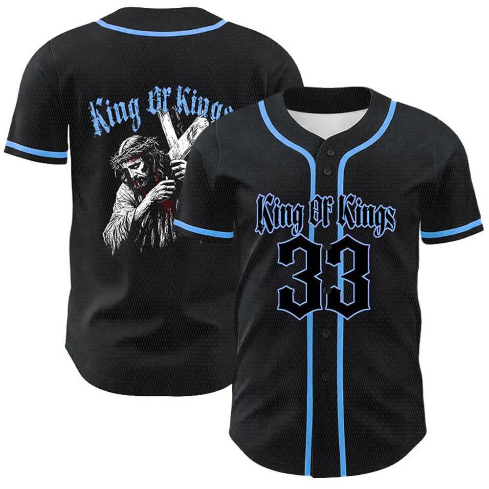 Christianartworkshop Maglia da baseball unisex King Of Kings Number 33 Jesus Portrying Cross - Blu - 5XL - image 12