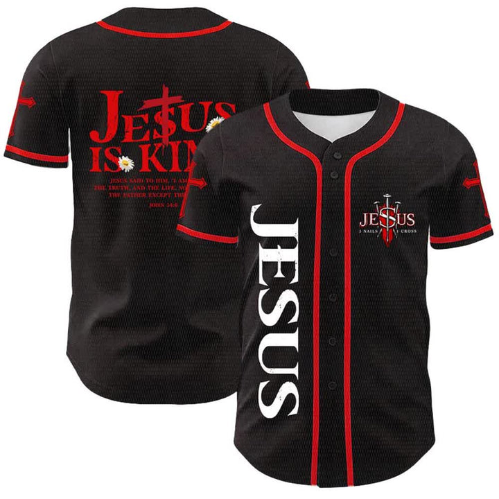 Christianartworkshop Gesù è Re Giovanni 14:6 Maglia da baseball unisex con 3 chiodi e 1 croce - Rosso - 5XL - image 0