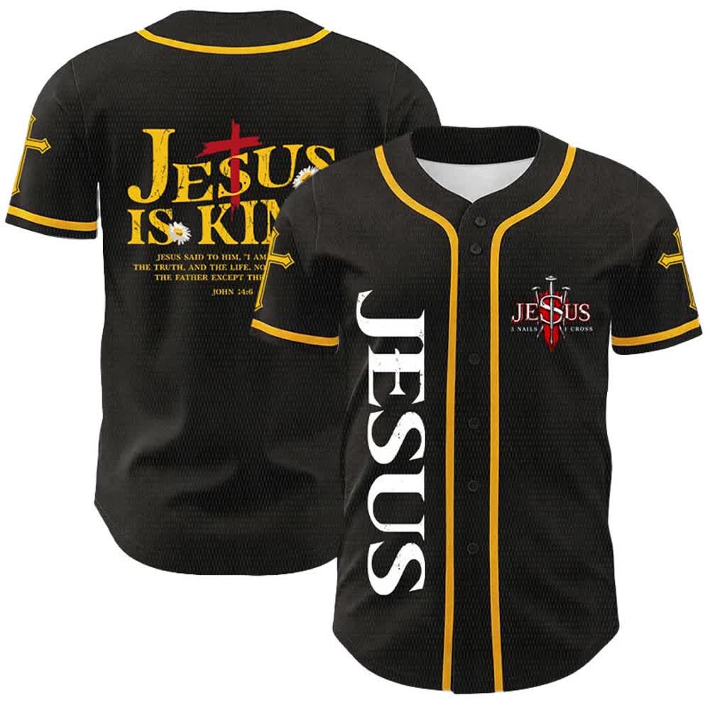 Christianartworkshop Gesù è Re Giovanni 14:6 Maglia da baseball unisex con 3 chiodi e 1 croce - Giallo - 5XL - image 3