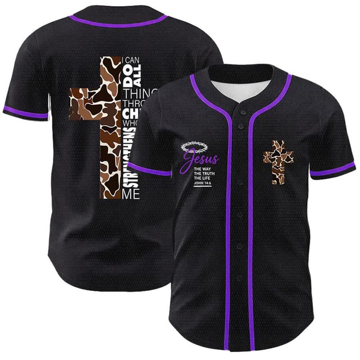 Christianartworkshop Maglia da baseball unisex con stampa leopardata e croce "Posso fare ogni cosa in Cristo" - Viola - 5XL - image 18