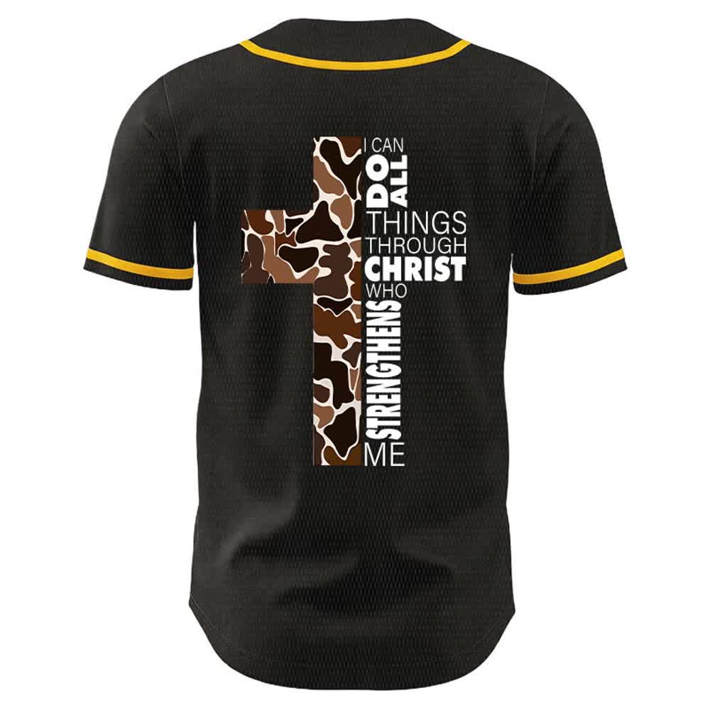 Christianartworkshop Maglia da baseball unisex con stampa leopardata e croce "Posso fare ogni cosa in Cristo" - image 1