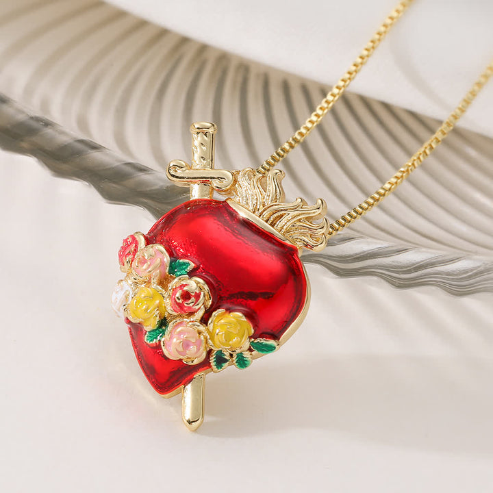 Christianartworkshop Collana con ciondolo a forma di Sacro Cuore in smalto rosso lucido e ornamenti di vario stile: emblema di un amore celeste sconfinato. - Fiori colorati - image 3