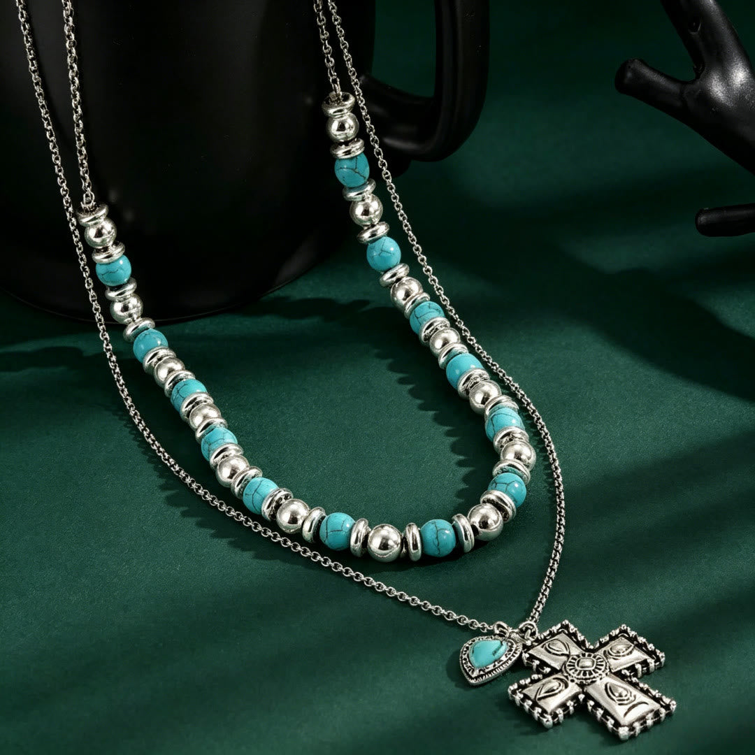 Christianartworkshop Collana vintage con croce a strati di perline in stile boho: emblema di pace terrena e celeste. - Croce in stile turchese - image 0