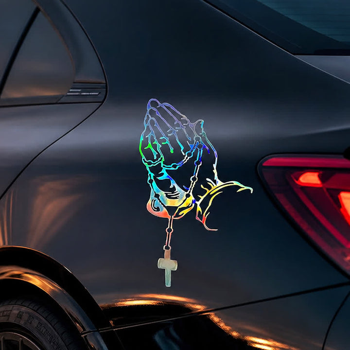 Christianartworkshop Adesivo per auto con mani in preghiera, rosario e croce, con sfumatura arcobaleno e simbolo della fede. - image 2