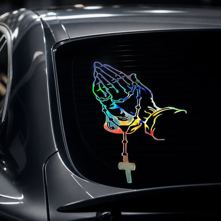 Christianartworkshop Adesivo per auto con mani in preghiera, rosario e croce, con sfumatura arcobaleno e simbolo della fede. - Multicolore - 26*16 cm - Set da 10 - image 0