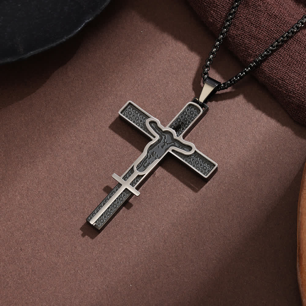 Christianartworkshop Collana a catena con crocifisso a maglie traforate e inserti testurizzati: emblema dell'infinita misericordia celeste. - Nero - image 3