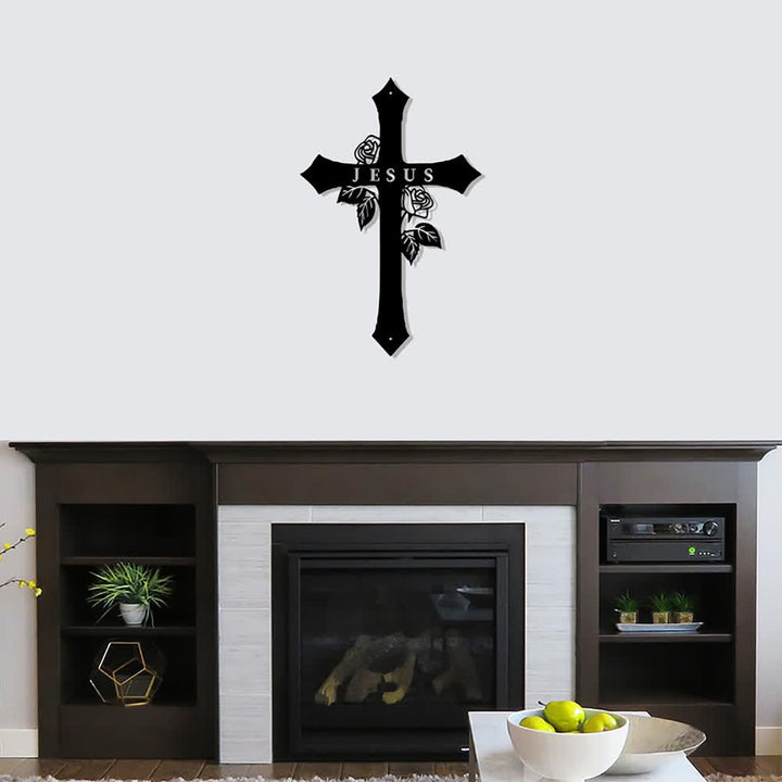 Christianartworkshop Croce sacra con tralci di rose e scritta JESUS ​​in metallo, decorazione da parete: simbolo dell'amore divino eterno. - image 1