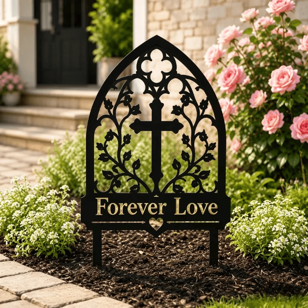 Christianartworkshop Arco gotico, croce di vite, paletto da giardino in metallo commemorativo dell'amore eterno: simbolo dell'amore divino eterno - 20,47''*14,17''*0,06''/52*36*0,15cm - image 0