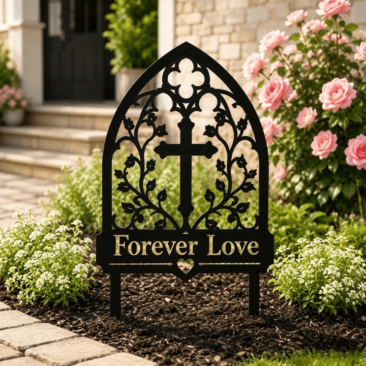 Christianartworkshop Arco gotico, croce di vite, paletto da giardino in metallo commemorativo dell'amore eterno: simbolo dell'amore divino eterno - 20,47''*14,17''*0,06''/52*36*0,15cm - image 0