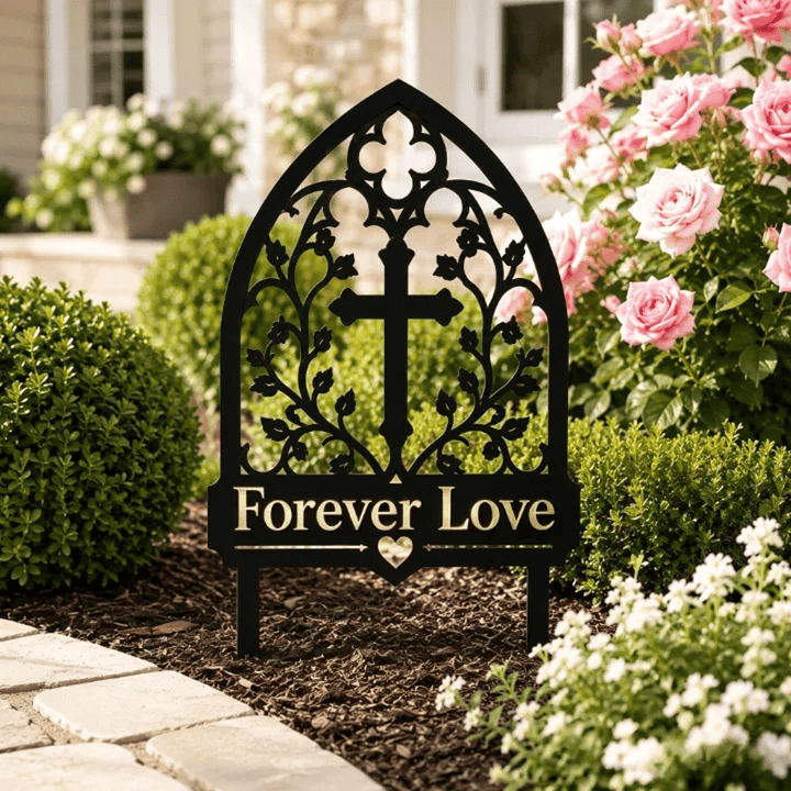Christianartworkshop Arco gotico, croce di vite, paletto da giardino in metallo commemorativo dell'amore eterno: simbolo dell'amore divino eterno - image 1