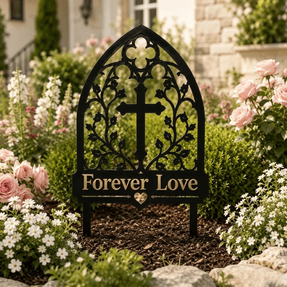Christianartworkshop Arco gotico, croce di vite, paletto da giardino in metallo commemorativo dell'amore eterno: simbolo dell'amore divino eterno - image 3