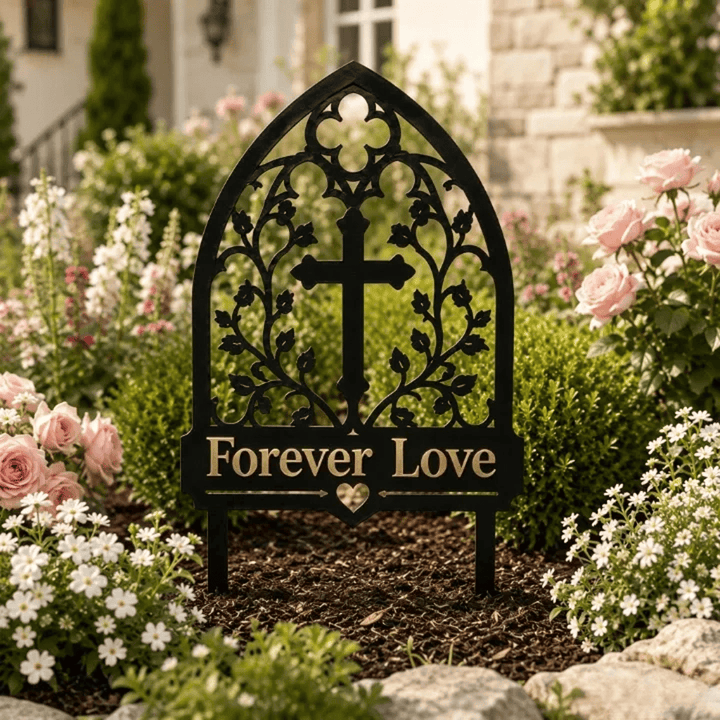 Christianartworkshop Arco gotico, croce di vite, paletto da giardino in metallo commemorativo dell'amore eterno: simbolo dell'amore divino eterno - image 3