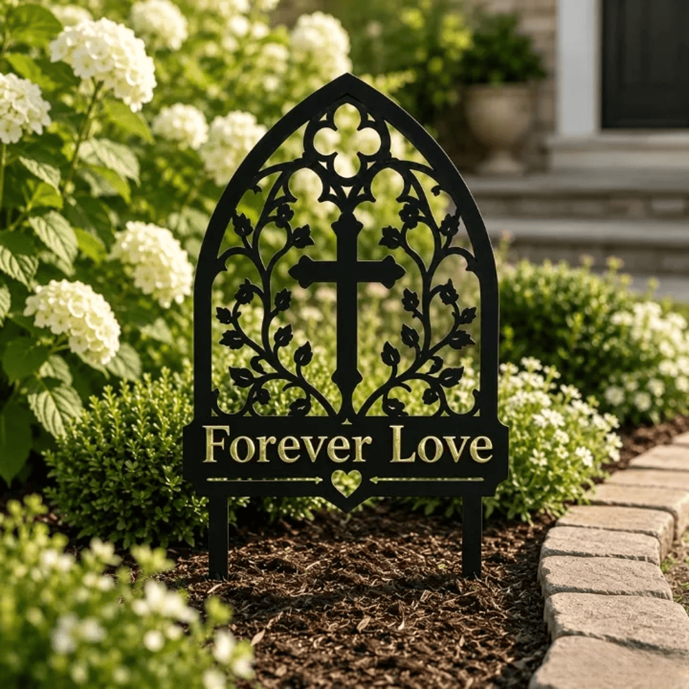 Christianartworkshop Arco gotico, croce di vite, paletto da giardino in metallo commemorativo dell'amore eterno: simbolo dell'amore divino eterno - image 2