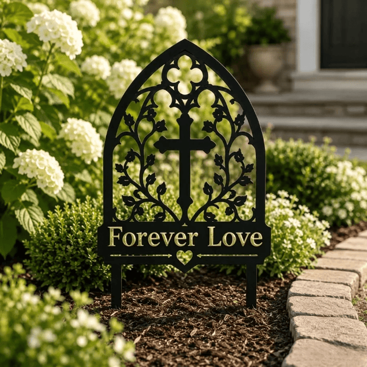 Christianartworkshop Arco gotico, croce di vite, paletto da giardino in metallo commemorativo dell'amore eterno: simbolo dell'amore divino eterno - image 2