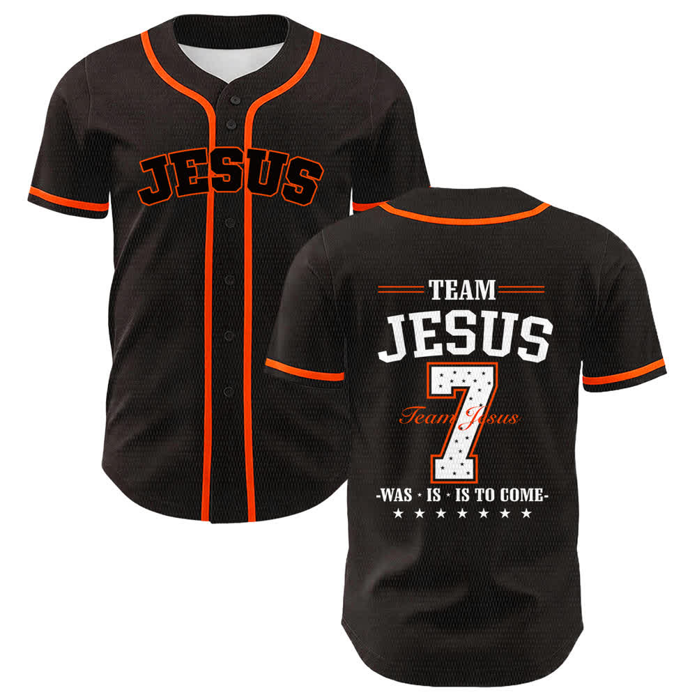 Christianartworkshop Maglia da baseball unisex Team Jesus Number 7 Was Is Is To Come - Arancia - 5XL - image 15