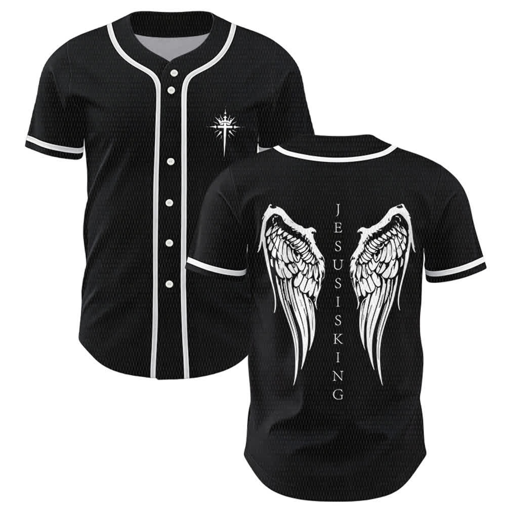 Christianartworkshop Gesù è Re Ali d'angelo Croce Dichiarazione di fede Maglia da baseball personalizzata - Nero - 5XL - image 0