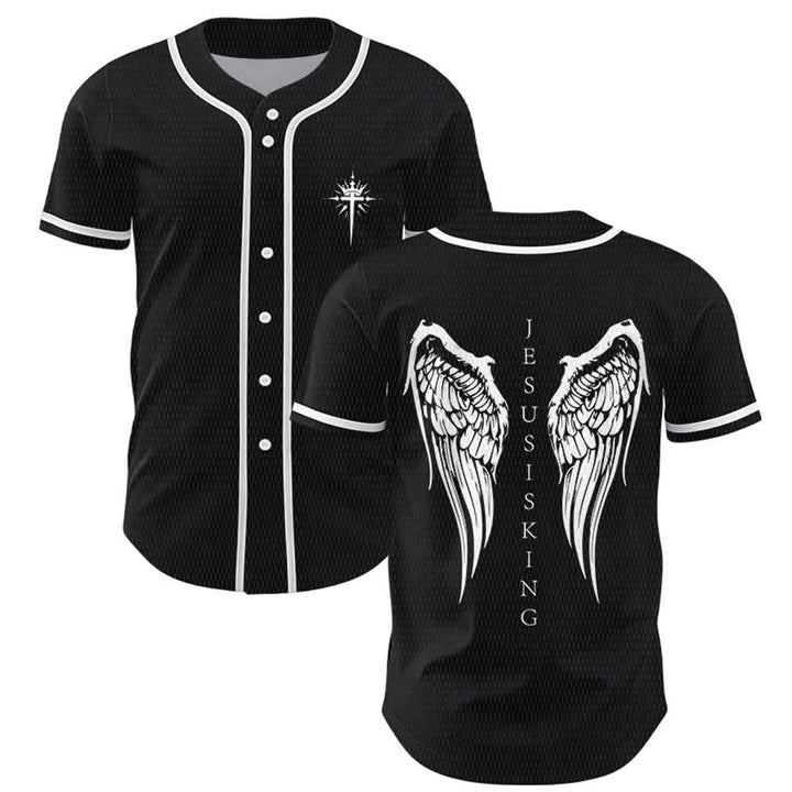 Christianartworkshop Gesù è Re Ali d'angelo Croce Dichiarazione di fede Maglia da baseball personalizzata - Nero - 5XL - image 0